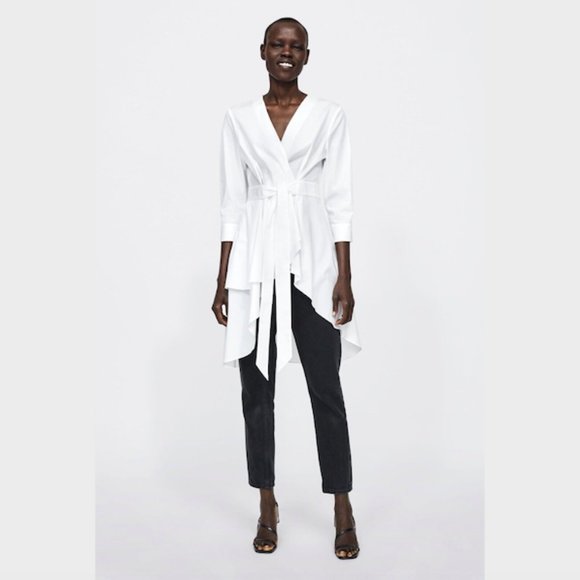 Zara Tops - SOLD Zara White Asymmetric Tunic Top Size XS Wrap Tie Draped 3/4 Sleeve Cotton